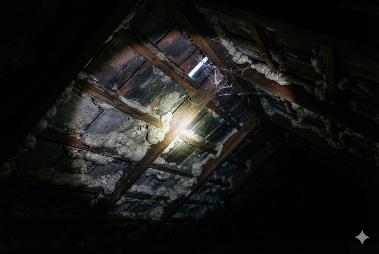 Foam beneath tiles in a Birkenhead terrace.