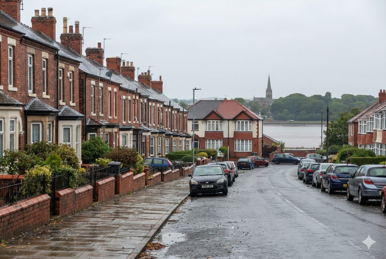 A street of red-brick terraced houses in Birkenhead