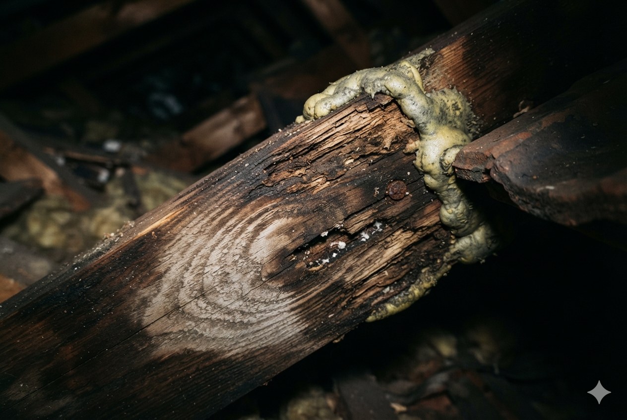 A damp-marked rafter beside sprayed foam.